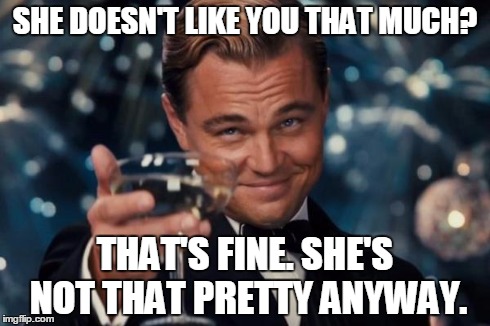 Leonardo Dicaprio Cheers Meme | SHE DOESN'T LIKE YOU THAT MUCH? THAT'S FINE. SHE'S NOT THAT PRETTY ANYWAY. | image tagged in memes,leonardo dicaprio cheers | made w/ Imgflip meme maker