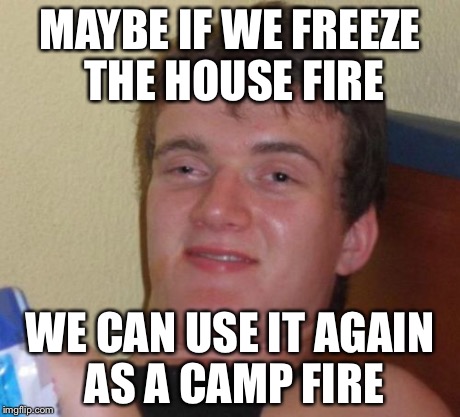10 Guy Meme | MAYBE IF WE FREEZE THE HOUSE FIRE WE CAN USE IT AGAIN AS A CAMP FIRE | image tagged in memes,10 guy | made w/ Imgflip meme maker