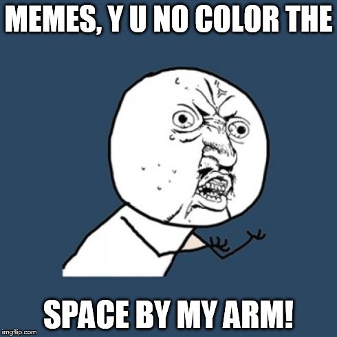 Y U No Meme | MEMES, Y U NO COLOR THE SPACE BY MY ARM! | image tagged in memes,y u no | made w/ Imgflip meme maker