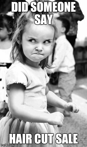 Angry Toddler | DID SOMEONE SAY HAIR CUT SALE | image tagged in memes,angry toddler | made w/ Imgflip meme maker