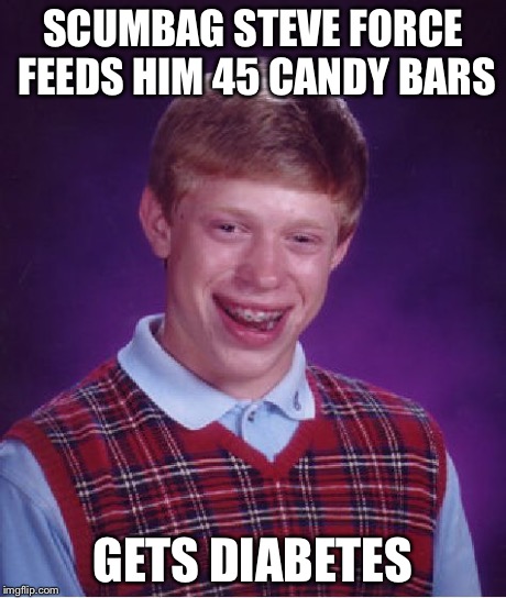 Bad Luck Brian Meme | SCUMBAG STEVE FORCE FEEDS HIM 45 CANDY BARS GETS DIABETES | image tagged in memes,bad luck brian | made w/ Imgflip meme maker