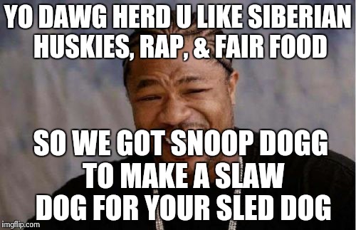 Yo Dawg Heard You Meme | YO DAWG HERD U LIKE SIBERIAN HUSKIES, RAP, & FAIR FOOD SO WE GOT SNOOP DOGG TO MAKE A SLAW DOG FOR YOUR SLED DOG | image tagged in memes,yo dawg heard you | made w/ Imgflip meme maker