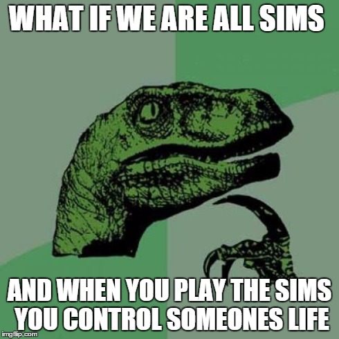 Philosoraptor Meme | WHAT IF WE ARE ALL SIMS AND WHEN YOU PLAY THE SIMS YOU CONTROL SOMEONES LIFE | image tagged in memes,philosoraptor | made w/ Imgflip meme maker