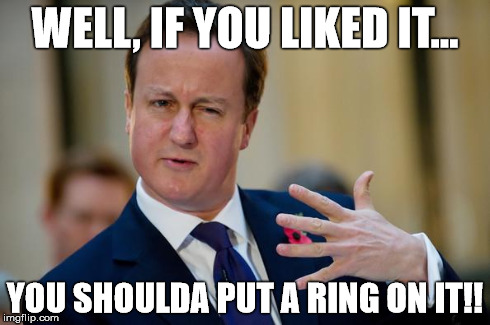 WELL, IF YOU LIKED IT... YOU SHOULDA PUT A RING ON IT!! | image tagged in david cameron,ring on it | made w/ Imgflip meme maker