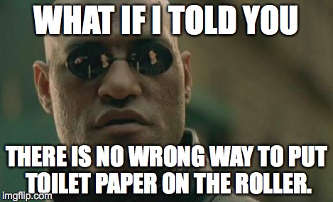 Matrix Morpheus Meme | WHAT IF I TOLD YOU THERE IS NO WRONG WAY TO PUT TOILET PAPER ON THE ROLLER. | image tagged in memes,matrix morpheus | made w/ Imgflip meme maker