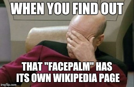Captain Picard Facepalm Meme | WHEN YOU FIND OUT THAT "FACEPALM" HAS ITS OWN WIKIPEDIA PAGE | image tagged in memes,captain picard facepalm | made w/ Imgflip meme maker