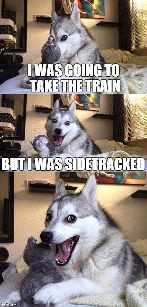 Bad Pun Dog | I WAS GOING TO TAKE THE TRAIN BUT I WAS SIDETRACKED | image tagged in memes,bad pun dog | made w/ Imgflip meme maker