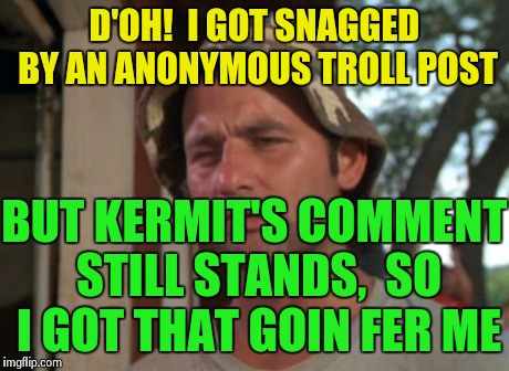 So I Got That Goin For Me Which Is Nice Meme | D'OH!  I GOT SNAGGED BY AN ANONYMOUS TROLL POST BUT KERMIT'S COMMENT STILL STANDS,  SO I GOT THAT GOIN FER ME | image tagged in memes,so i got that goin for me which is nice | made w/ Imgflip meme maker
