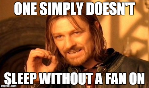 One Does Not Simply | ONE SIMPLY DOESN'T SLEEP WITHOUT A FAN ON | image tagged in memes,one does not simply | made w/ Imgflip meme maker