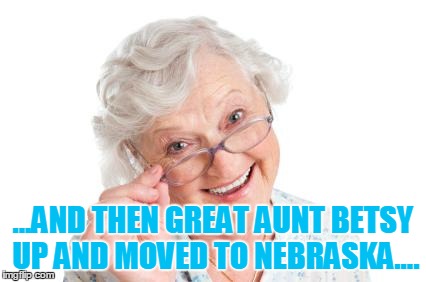 Grandma that's nice cool story bro | ...AND THEN GREAT AUNT BETSY UP AND MOVED TO NEBRASKA.... | image tagged in grandma that's nice cool story bro | made w/ Imgflip meme maker