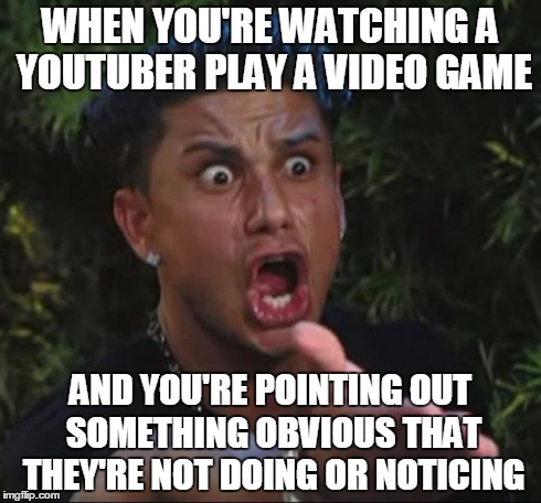 DJ Pauly D | WHEN YOU'RE WATCHING A YOUTUBER PLAY A VIDEO GAME AND YOU'RE POINTING OUT SOMETHING OBVIOUS THAT THEY'RE NOT DOING OR NOTICING | image tagged in memes,dj pauly d | made w/ Imgflip meme maker