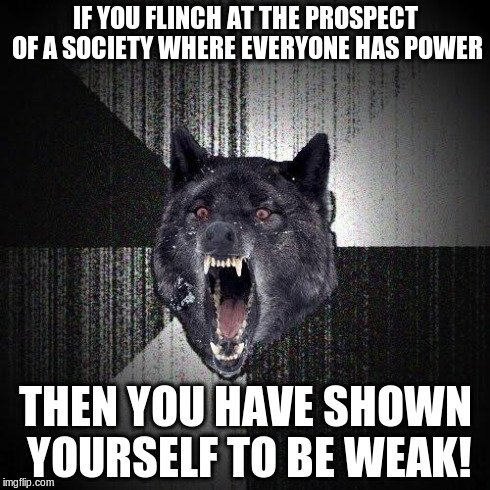 Don't like egalitarianism? | IF YOU FLINCH AT THE PROSPECT OF A SOCIETY WHERE EVERYONE HAS POWER THEN YOU HAVE SHOWN YOURSELF TO BE WEAK! | image tagged in memes,insanity wolf | made w/ Imgflip meme maker