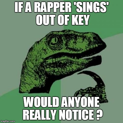 Philosoraptor | IF A RAPPER 'SINGS' OUT OF KEY WOULD ANYONE REALLY NOTICE ? | image tagged in memes,philosoraptor | made w/ Imgflip meme maker