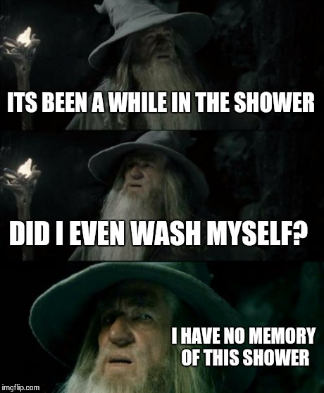 Confused Gandalf Meme | ITS BEEN A WHILE IN THE SHOWER DID I EVEN WASH MYSELF? I HAVE NO MEMORY OF THIS SHOWER | image tagged in memes,confused gandalf | made w/ Imgflip meme maker