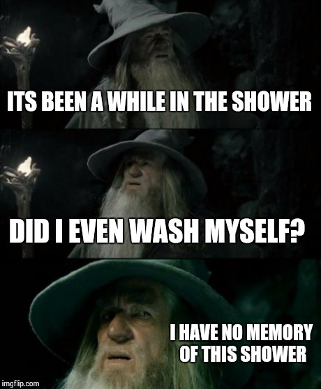 Confused Gandalf | ITS BEEN A WHILE IN THE SHOWER DID I EVEN WASH MYSELF? I HAVE NO MEMORY OF THIS SHOWER | image tagged in memes,confused gandalf | made w/ Imgflip meme maker