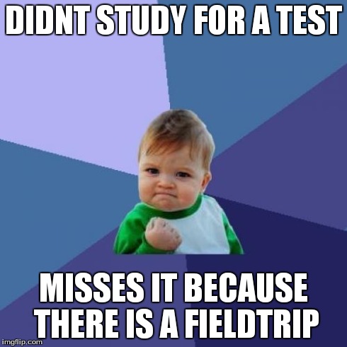 Success Kid Meme | DIDNT STUDY FOR A TEST MISSES IT BECAUSE THERE IS A FIELDTRIP | image tagged in memes,success kid | made w/ Imgflip meme maker