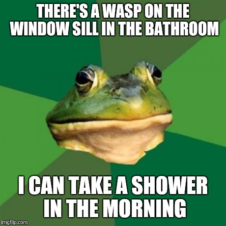 Foul Bachelor Frog Meme | THERE'S A WASP ON THE WINDOW SILL IN THE BATHROOM I CAN TAKE A SHOWER IN THE MORNING | image tagged in memes,foul bachelor frog,AdviceAnimals | made w/ Imgflip meme maker