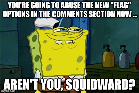 Don't You Squidward | YOU'RE GOING TO ABUSE THE NEW "FLAG" OPTIONS IN THE COMMENTS SECTION NOW ... AREN'T YOU, SQUIDWARD? | image tagged in memes,dont you squidward | made w/ Imgflip meme maker