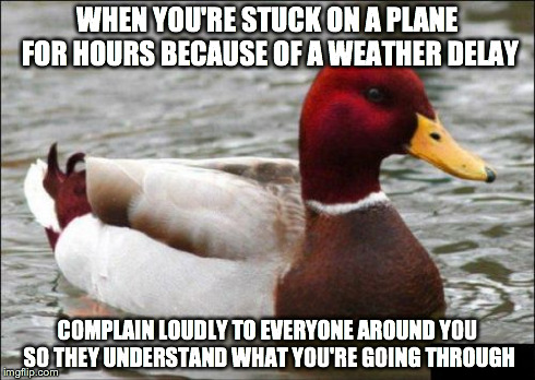 Malicious Advice Mallard | WHEN YOU'RE STUCK ON A PLANE FOR HOURS BECAUSE OF A WEATHER DELAY COMPLAIN LOUDLY TO EVERYONE AROUND YOU SO THEY UNDERSTAND WHAT YOU'RE GOIN | image tagged in memes,malicious advice mallard,AdviceAnimals | made w/ Imgflip meme maker