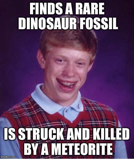 Bad Luck Brian | FINDS A RARE DINOSAUR FOSSIL IS STRUCK AND KILLED BY A METEORITE | image tagged in memes,bad luck brian | made w/ Imgflip meme maker