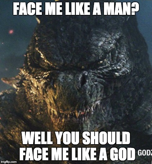 Badass Godzilla | FACE ME LIKE A MAN? WELL YOU SHOULD FACE ME LIKE A GOD | image tagged in badass,godzilla | made w/ Imgflip meme maker