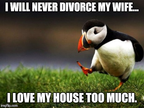 and my car, and my savings, and... | I WILL NEVER DIVORCE MY WIFE... I LOVE MY HOUSE TOO MUCH. | image tagged in memes,unpopular opinion puffin | made w/ Imgflip meme maker