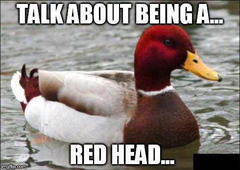 Malicious Advice Mallard | TALK ABOUT BEING A... RED HEAD... | image tagged in memes,malicious advice mallard | made w/ Imgflip meme maker
