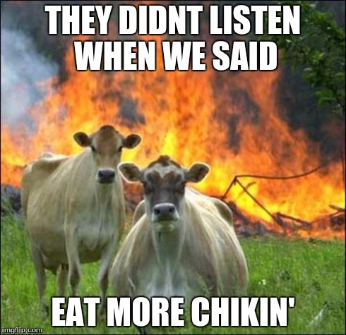 Evil Cows Meme | THEY DIDNT LISTEN WHEN WE SAID EAT MORE CHIKIN' | image tagged in memes,evil cows | made w/ Imgflip meme maker
