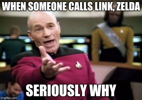 Picard Wtf | WHEN SOMEONE CALLS LINK, ZELDA SERIOUSLY WHY | image tagged in memes,picard wtf | made w/ Imgflip meme maker