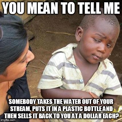 Third World Skeptical Kid Meme | YOU MEAN TO TELL ME SOMEBODY TAKES THE WATER OUT OF YOUR STREAM, PUTS IT IN A PLASTIC BOTTLE AND THEN SELLS IT BACK TO YOU AT A DOLLAR EACH? | image tagged in memes,third world skeptical kid | made w/ Imgflip meme maker