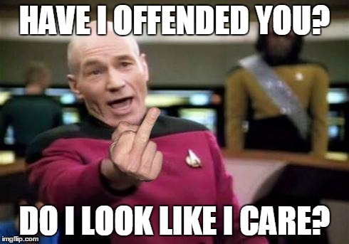 Me when I get downvotes from political posts | HAVE I OFFENDED YOU? DO I LOOK LIKE I CARE? | image tagged in memes,picard middle finger | made w/ Imgflip meme maker