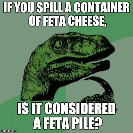 Philosoraptor | IF YOU SPILL A CONTAINER OF FETA CHEESE, IS IT CONSIDERED A FETA PILE? | image tagged in memes,philosoraptor | made w/ Imgflip meme maker