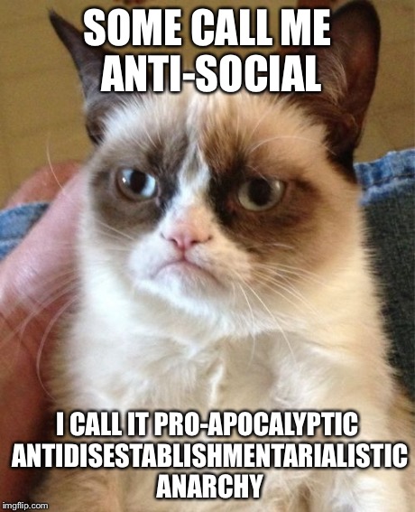 Grumpy Cat Meme | SOME CALL ME ANTI-SOCIAL I CALL IT PRO-APOCALYPTIC ANTIDISESTABLISHMENTARIALISTIC ANARCHY | image tagged in memes,grumpy cat | made w/ Imgflip meme maker