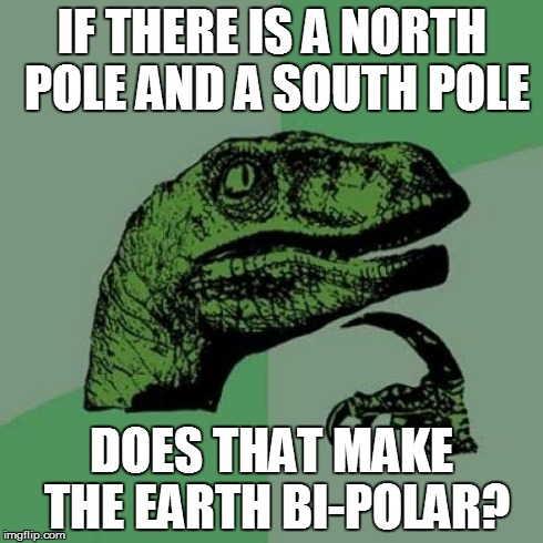 Philosoraptor Meme | IF THERE IS A NORTH POLE AND A SOUTH POLE DOES THAT MAKE THE EARTH BI-POLAR? | image tagged in memes,philosoraptor | made w/ Imgflip meme maker