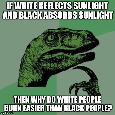 Philosoraptor | IF WHITE REFLECTS SUNLIGHT AND BLACK ABSORBS SUNLIGHT THEN WHY DO WHITE PEOPLE BURN EASIER THAN BLACK PEOPLE? | image tagged in memes,philosoraptor | made w/ Imgflip meme maker