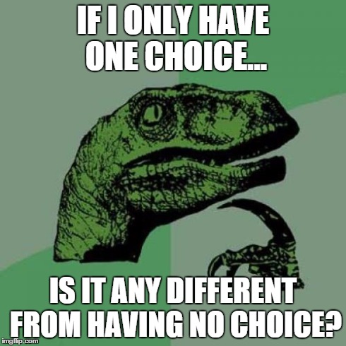 Philosoraptor Meme | IF I ONLY HAVE ONE CHOICE... IS IT ANY DIFFERENT FROM HAVING NO CHOICE? | image tagged in memes,philosoraptor | made w/ Imgflip meme maker