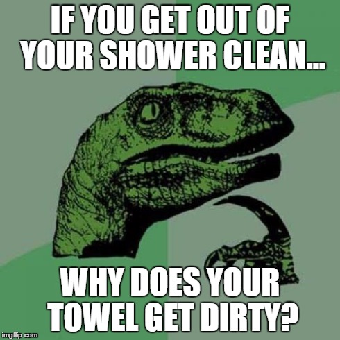 Philosoraptor | IF YOU GET OUT OF YOUR SHOWER CLEAN... WHY DOES YOUR TOWEL GET DIRTY? | image tagged in memes,philosoraptor | made w/ Imgflip meme maker