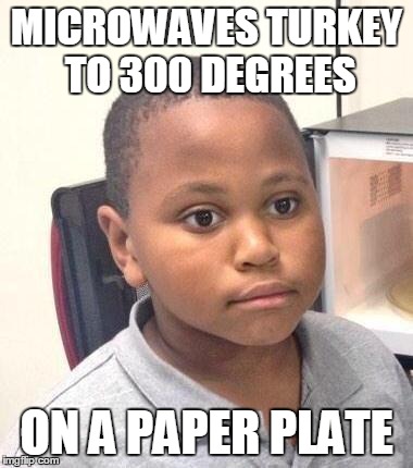 Minor Mistake Marvin | MICROWAVES TURKEY TO 300 DEGREES ON A PAPER PLATE | image tagged in memes,minor mistake marvin | made w/ Imgflip meme maker