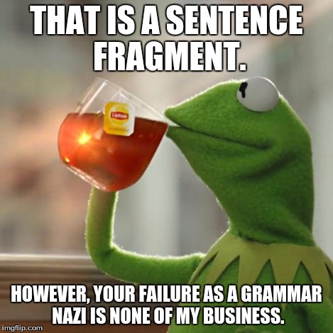 But That's None Of My Business Meme | THAT IS A SENTENCE FRAGMENT. HOWEVER, YOUR FAILURE AS A GRAMMAR NAZI IS NONE OF MY BUSINESS. | image tagged in memes,but thats none of my business,kermit the frog | made w/ Imgflip meme maker