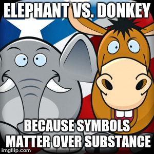 Flagged for blind partisanship. Dinosaur Party. | ELEPHANT VS. DONKEY BECAUSE SYMBOLS MATTER OVER SUBSTANCE | image tagged in partisanship,republican,democrat,libertarian | made w/ Imgflip meme maker