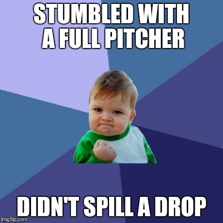 It could of been disastrous | STUMBLED WITH A FULL PITCHER DIDN'T SPILL A DROP | image tagged in memes,success kid | made w/ Imgflip meme maker
