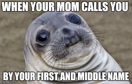 Then you know you're in trouble | WHEN YOUR MOM CALLS YOU BY YOUR FIRST AND MIDDLE NAME | image tagged in memes,awkward moment sealion | made w/ Imgflip meme maker