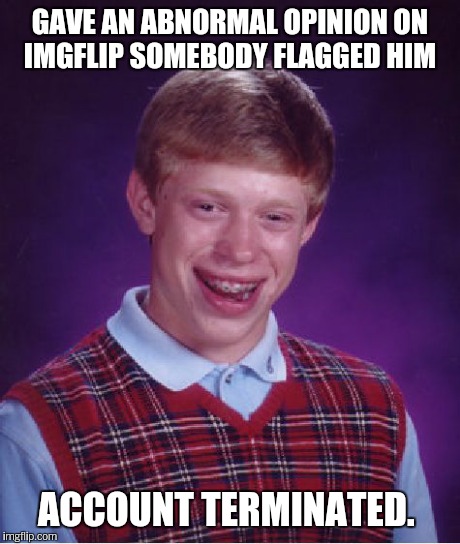 Bad Luck Brian Meme | GAVE AN ABNORMAL OPINION ON IMGFLIP SOMEBODY FLAGGED HIM ACCOUNT TERMINATED. | image tagged in memes,bad luck brian | made w/ Imgflip meme maker