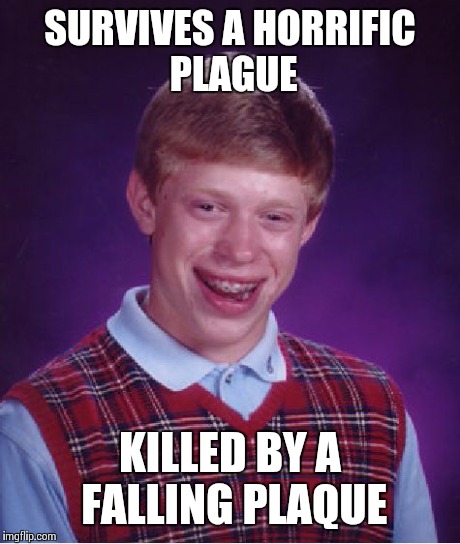 Bad Luck Brian Meme | SURVIVES A HORRIFIC PLAGUE KILLED BY A FALLING PLAQUE | image tagged in memes,bad luck brian | made w/ Imgflip meme maker
