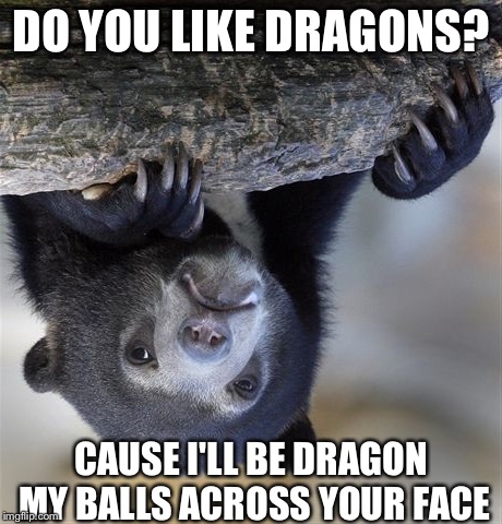 Do you like Dragons? | DO YOU LIKE DRAGONS? CAUSE I'LL BE DRAGON MY BALLS ACROSS YOUR FACE | image tagged in memes,confession bear,dragon | made w/ Imgflip meme maker