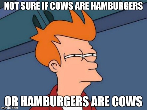 Futurama Fry | NOT SURE IF COWS ARE HAMBURGERS OR HAMBURGERS ARE COWS | image tagged in memes,futurama fry | made w/ Imgflip meme maker