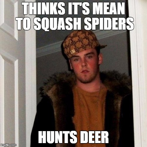 Scumbag Steve Meme | THINKS IT'S MEAN TO SQUASH SPIDERS HUNTS DEER | image tagged in memes,scumbag steve | made w/ Imgflip meme maker