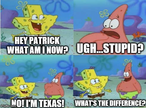 Texas | HEY PATRICK WHAT AM I NOW? UGH...STUPID? NO! I'M TEXAS! WHAT'S THE DIFFERENCE? | image tagged in texas,spongebob,patrick,BikiniBottomTwitter | made w/ Imgflip meme maker