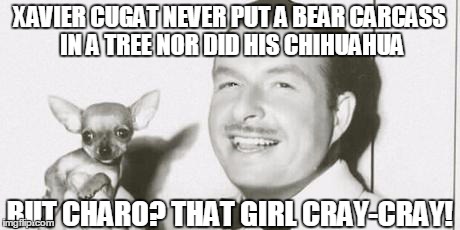 XAVIER CUGAT NEVER PUT A BEAR CARCASS IN A TREE NOR DID HIS CHIHUAHUA BUT CHARO? THAT GIRL CRAY-CRAY! | made w/ Imgflip meme maker