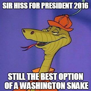 Sir Hiss 2016 | SIR HISS FOR PRESIDENT 2016 STILL THE BEST OPTION OF A WASHINGTON SNAKE | image tagged in sir hiss,political,funny | made w/ Imgflip meme maker